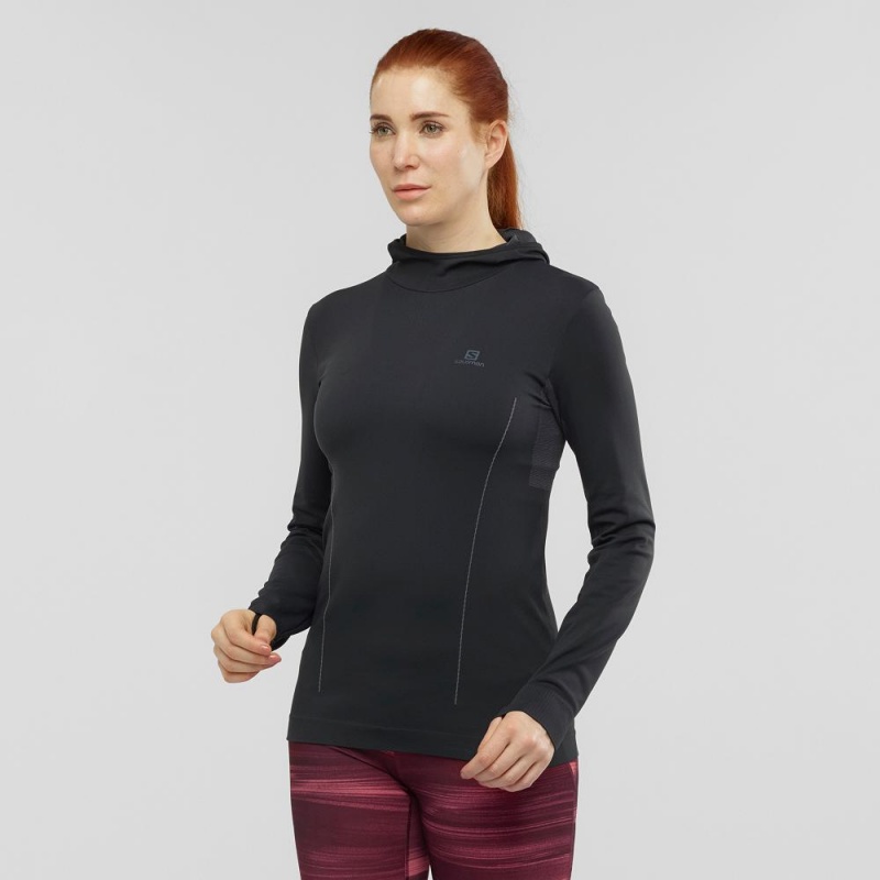 Salomon Essential Seamless Hætte Lang ærmet Skjorte Dame Sort | 93801-ZQRJ